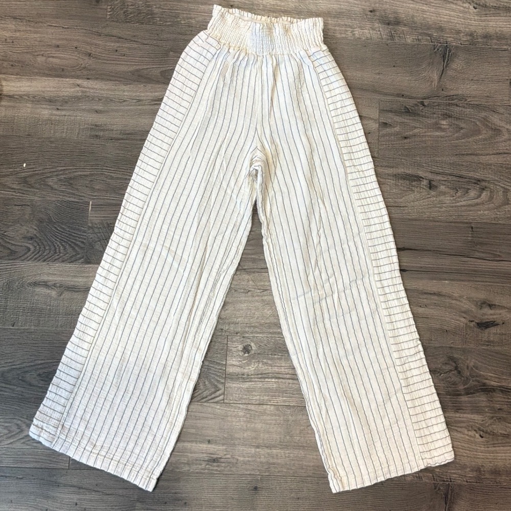 Joie Womens Pinstripe Smocked Waist Wide Leg Gauze Pants Cream Blue Small